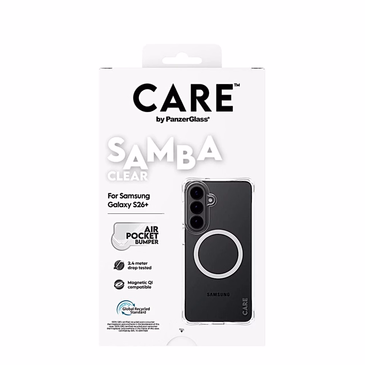 CARE by PanzerGlass Samba Clear pakend Samsung Galaxy S26+ ümbrisega eestvaates