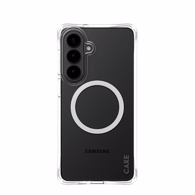 Samsung Galaxy S26+ läbipaistvas CARE Samba ümbrises valge magnetrõngaga tagantvaates