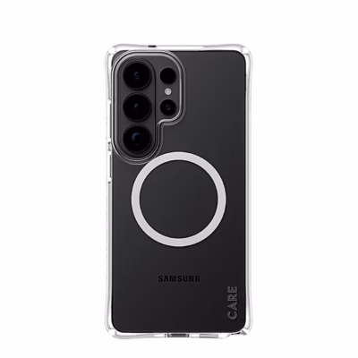 Samsung Galaxy S26 Ultra läbipaistvas CARE Samba ümbrises valge magnetrõngaga tagantvaates