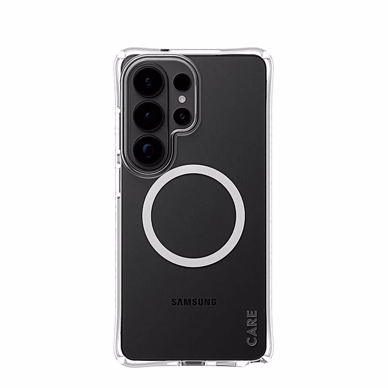 Samsung Galaxy S26 Ultra läbipaistvas CARE Samba ümbrises valge magnetrõngaga tagantvaates