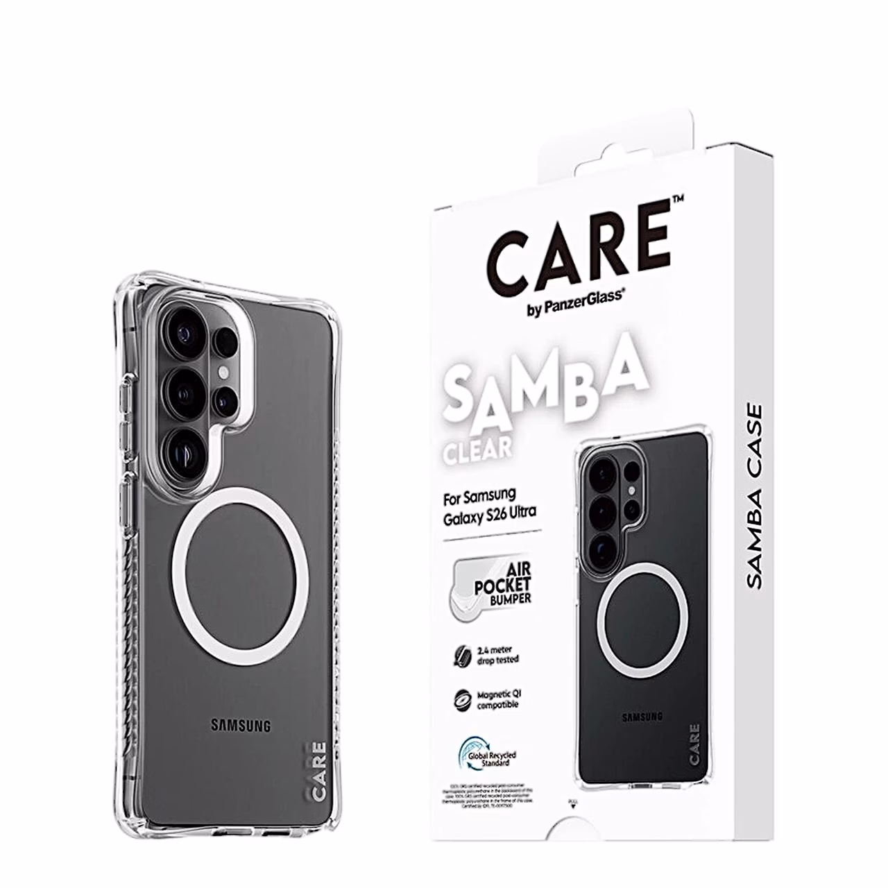 Ümbrisega Galaxy S26 Ultra nurga alt ja CARE Samba Clear pakend küljelt