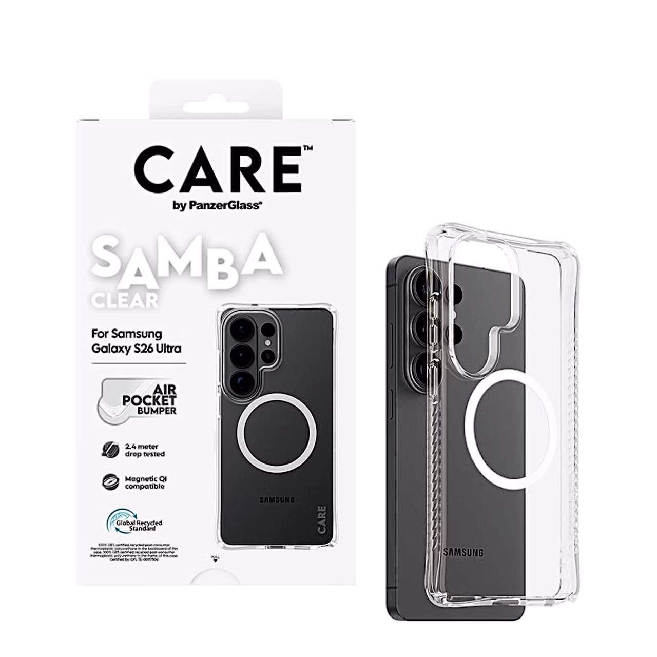 CARE Samba Clear pakend ja kaitseümbris Galaxy S26 Ultra telefonil kaldvaates