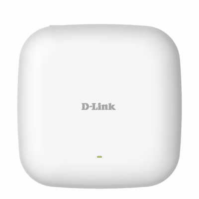 Valge WiFi-pääsupunkt D-Link DAP-X2810 otse eest, roheline olekutuli