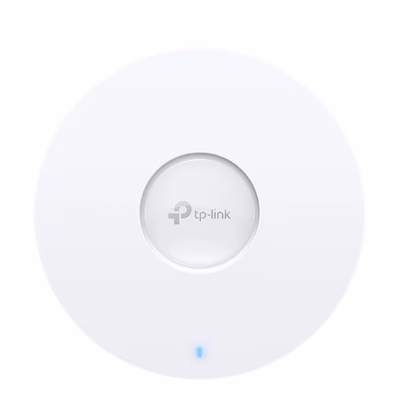 Ümar valge WiFi-pääsupunkt TP-Link EAP670 otse eest, sinine olekutuli