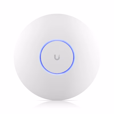 Ubiquiti U7 Pro Max laepaigaldusega WiFi-pääsupunkt sinise valgusrõngaga eestvaates