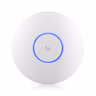 Valge Ubiquiti UniFi U6+ ümar pääsupunkt sinise LED-rõngaga eestvaates