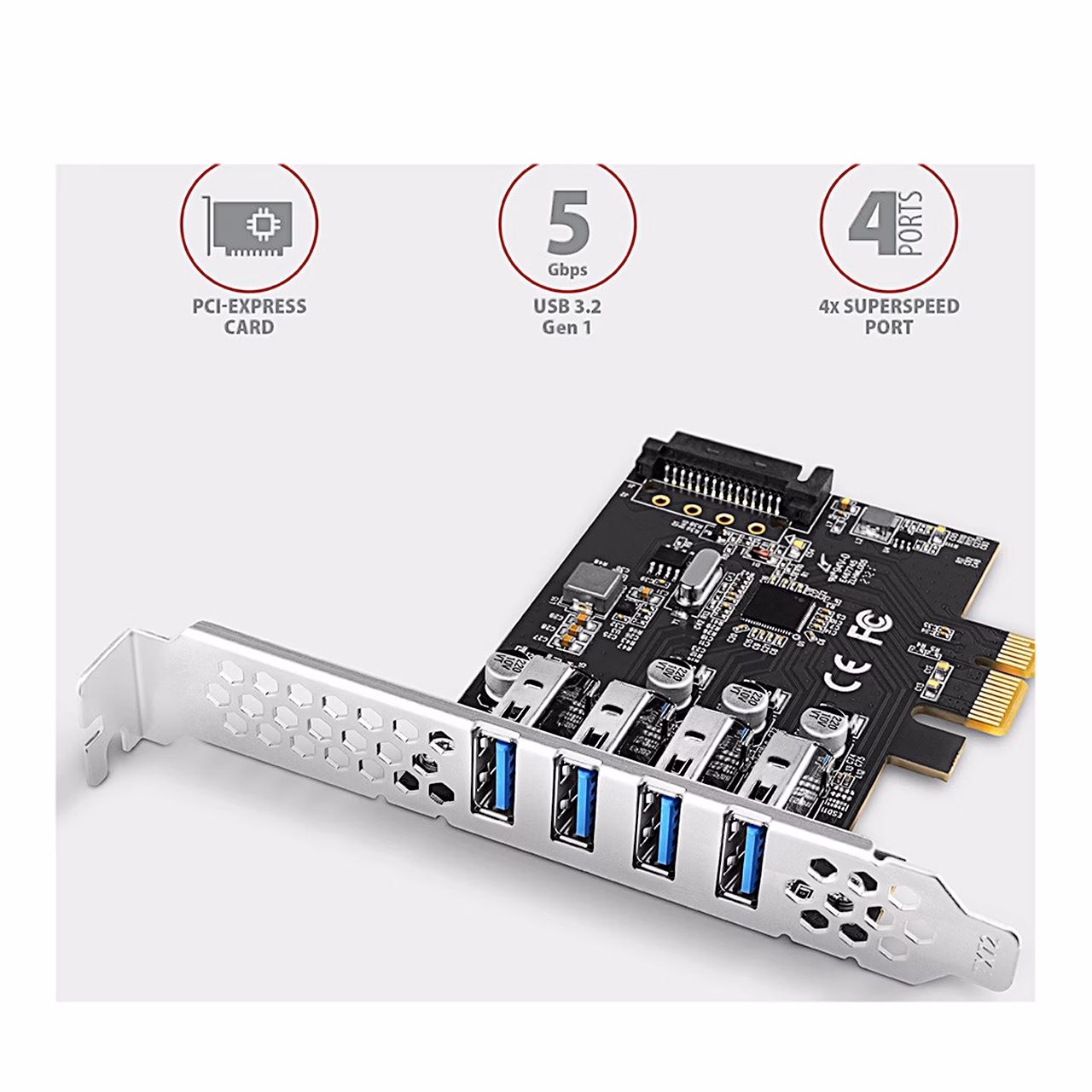 Laienduskaart AXAGON PCEU-43RS SATA-toitepistiku ja nelja sinise USB-pordiga