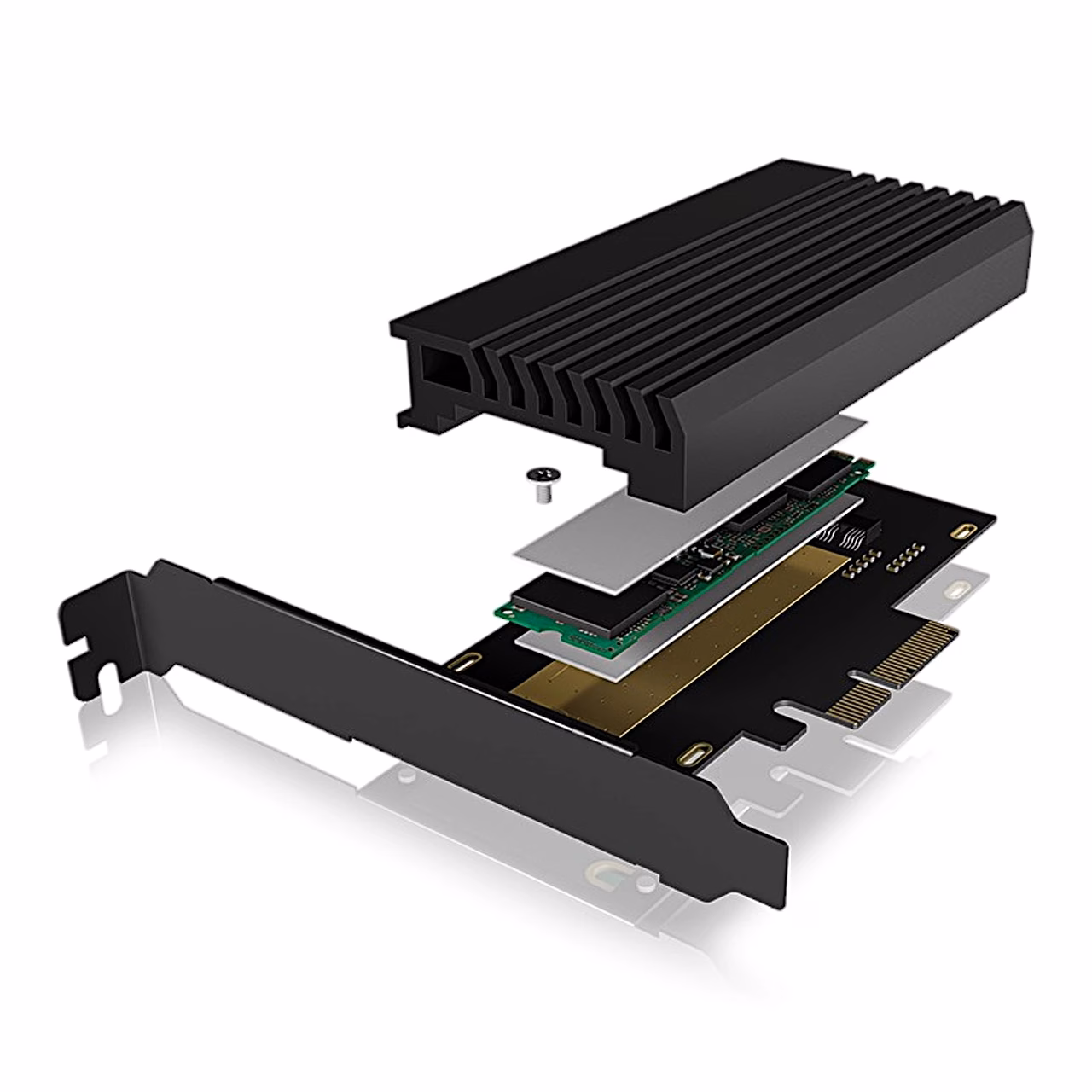 ICY BOX IB-PCI214M2-HSL laienduskaart lahtivõetuna, jahutusradiaator ja M.2 SSD eraldi