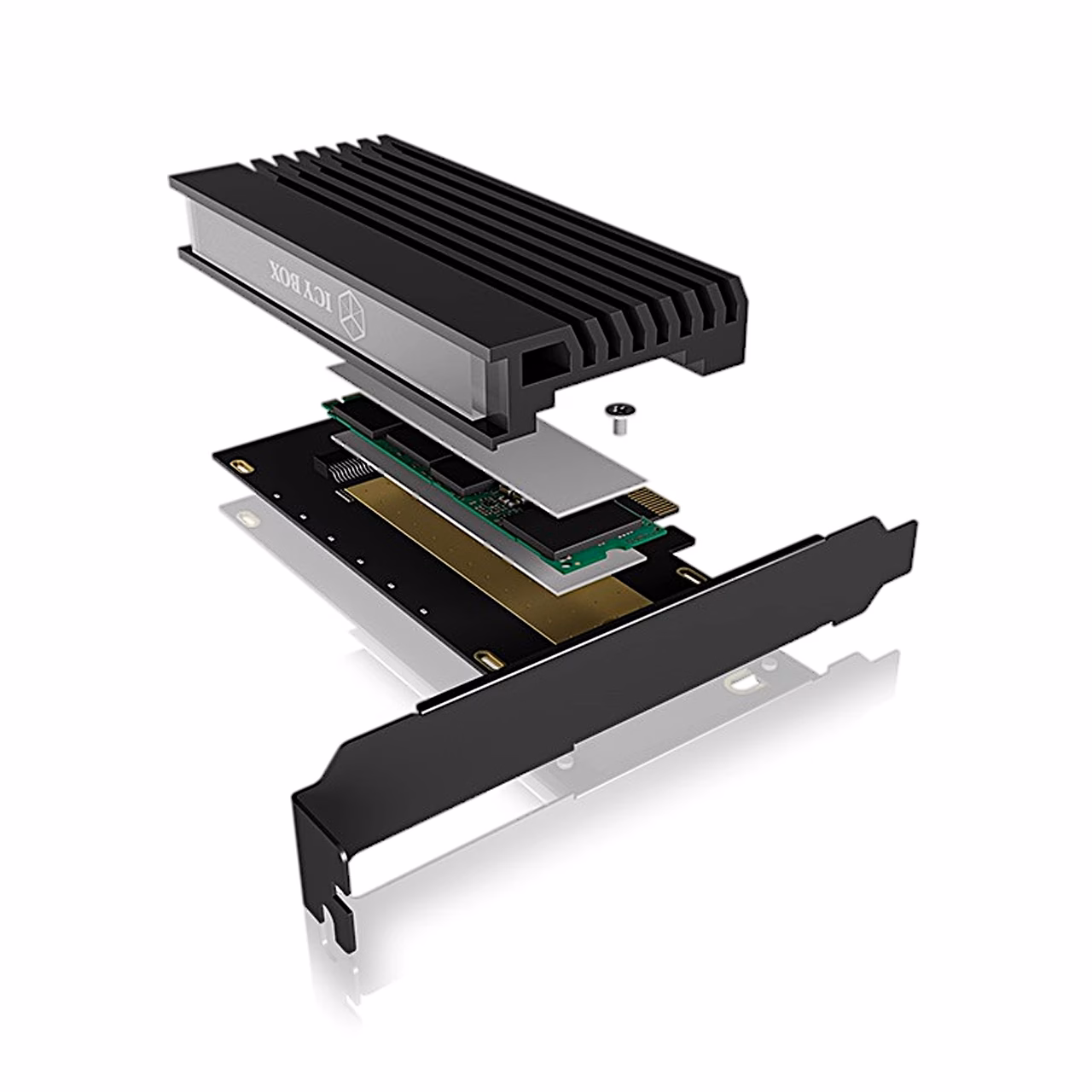 ICY BOX IB-PCI214M2-HSL madala profiiliga versioon lahtivõetuna koos soojusjuhtiva padja ja SSD-ga