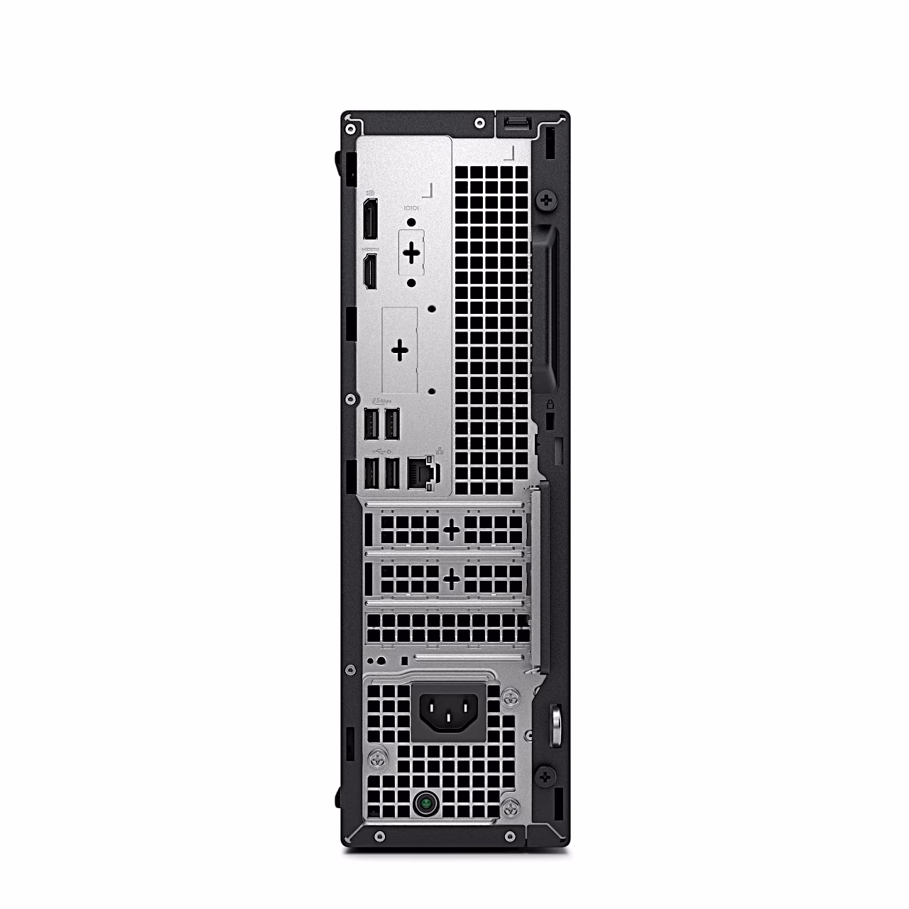 Dell Pro Slim QCS1250 lauaarvuti tagapaneel toitepesa ja PCIe-pesadega