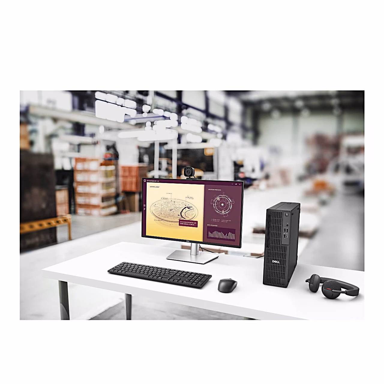 Dell Pro Slim QCS1255 lauaarvuti laual monitori, klaviatuuri, hiire ja kõrvaklappide kõrval