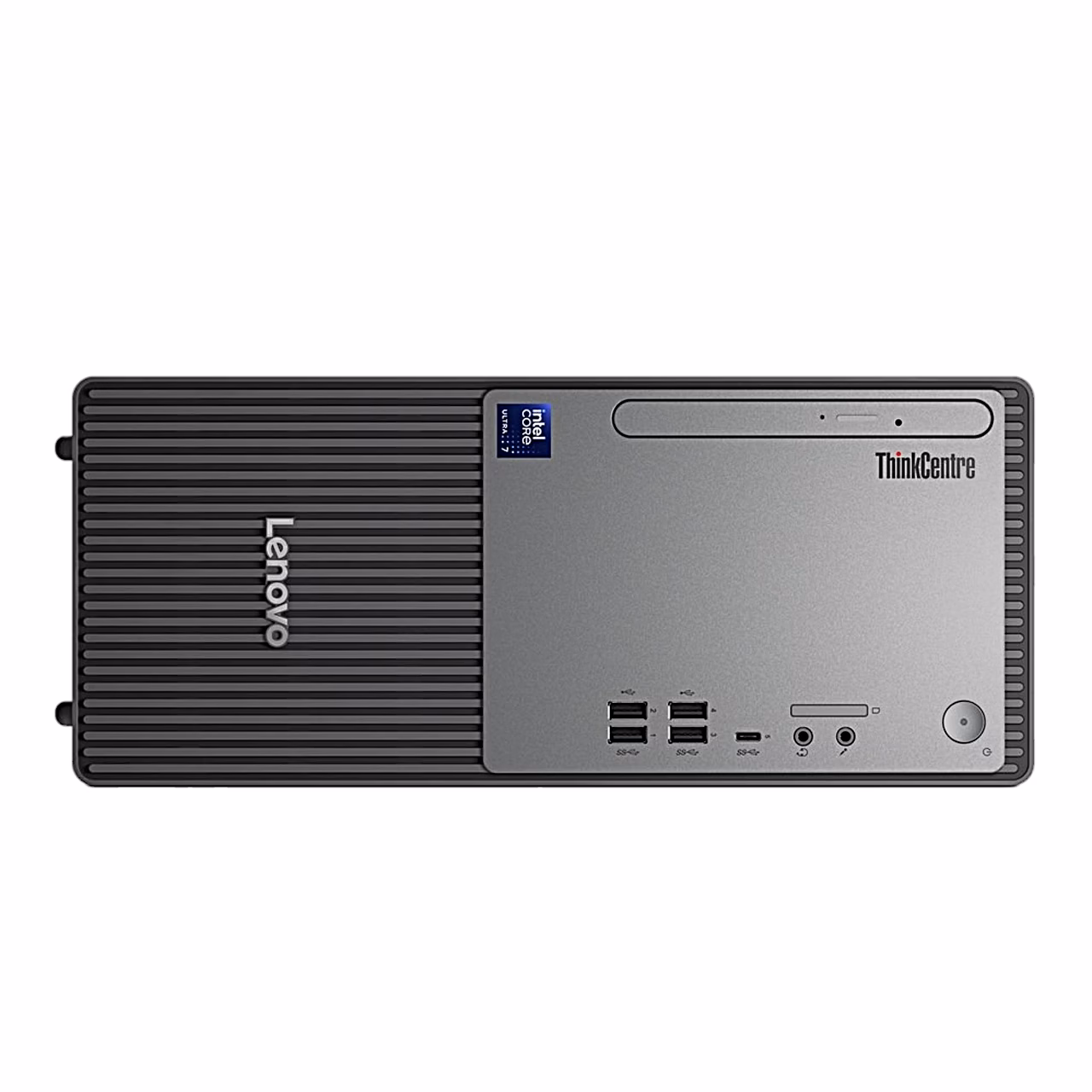 ThinkCentre neo 50t Gen 6 lauaarvuti pealtvaade esipaneeli ja ülaosaga