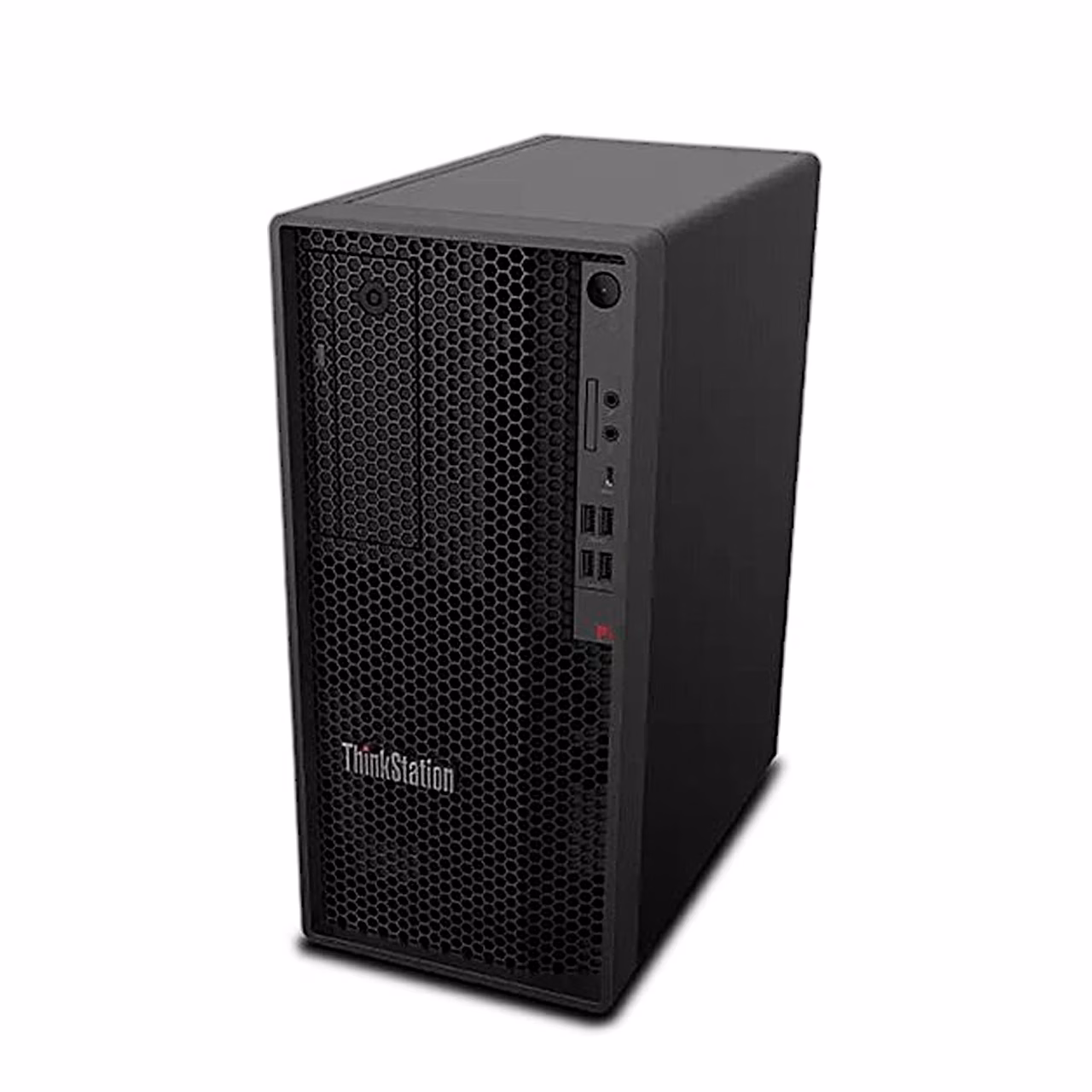 Lenovo ThinkStation P2 Gen 2 esipaneel toitenupu ja USB-pesadega paremalt vaadates