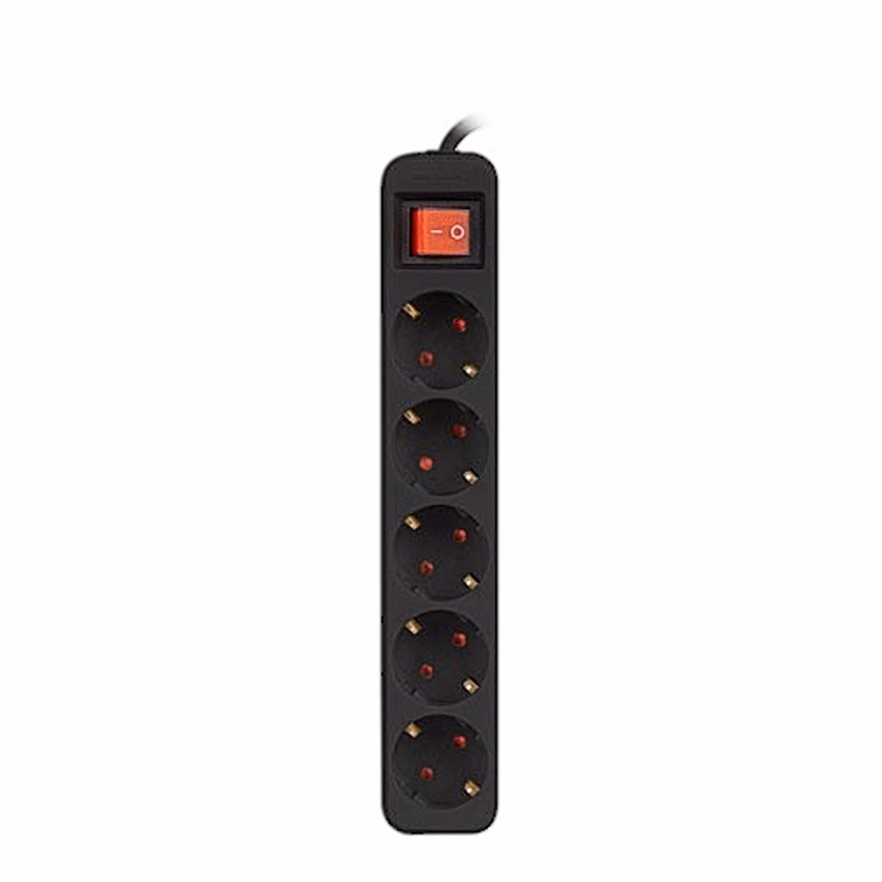Pikendusjuhe Lanberg PS1-05F-0150-BK ülaltvaates, viis pesa ja punane lüliti