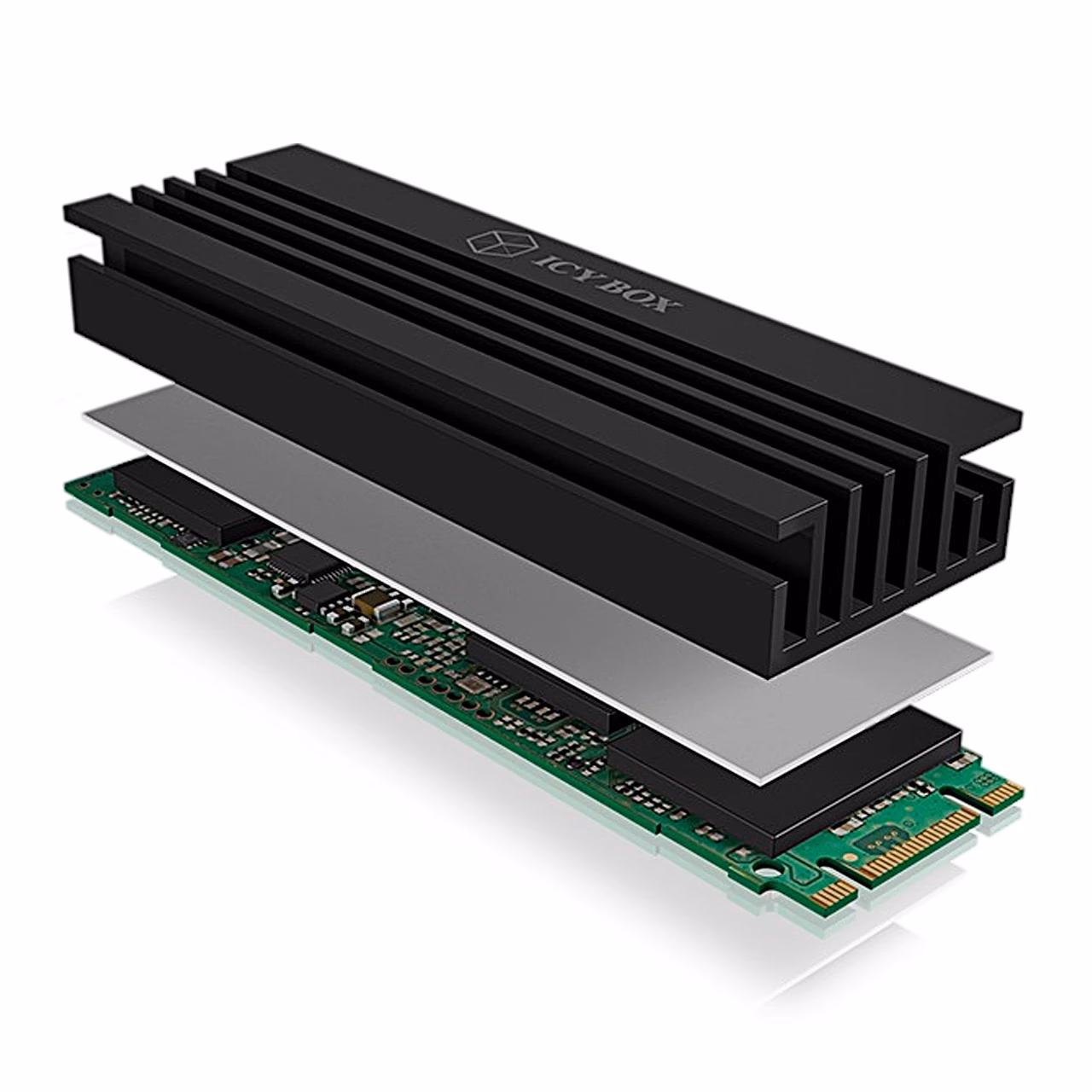 M.2 SSD jahuti IB-M2HS-70 lahtivõetuna koos termopadja ja SSD-ga