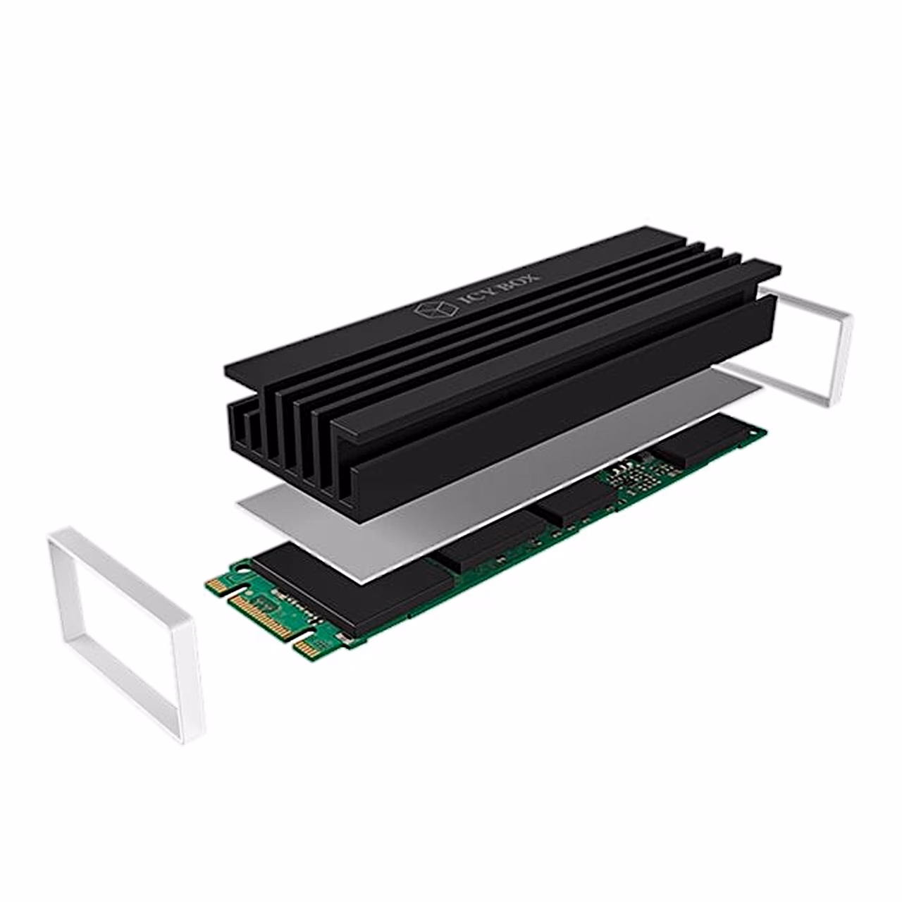 M.2 SSD jahuti IB-M2HS-70 osad: jahuti, termopadi, SSD ja silikoonrõngad