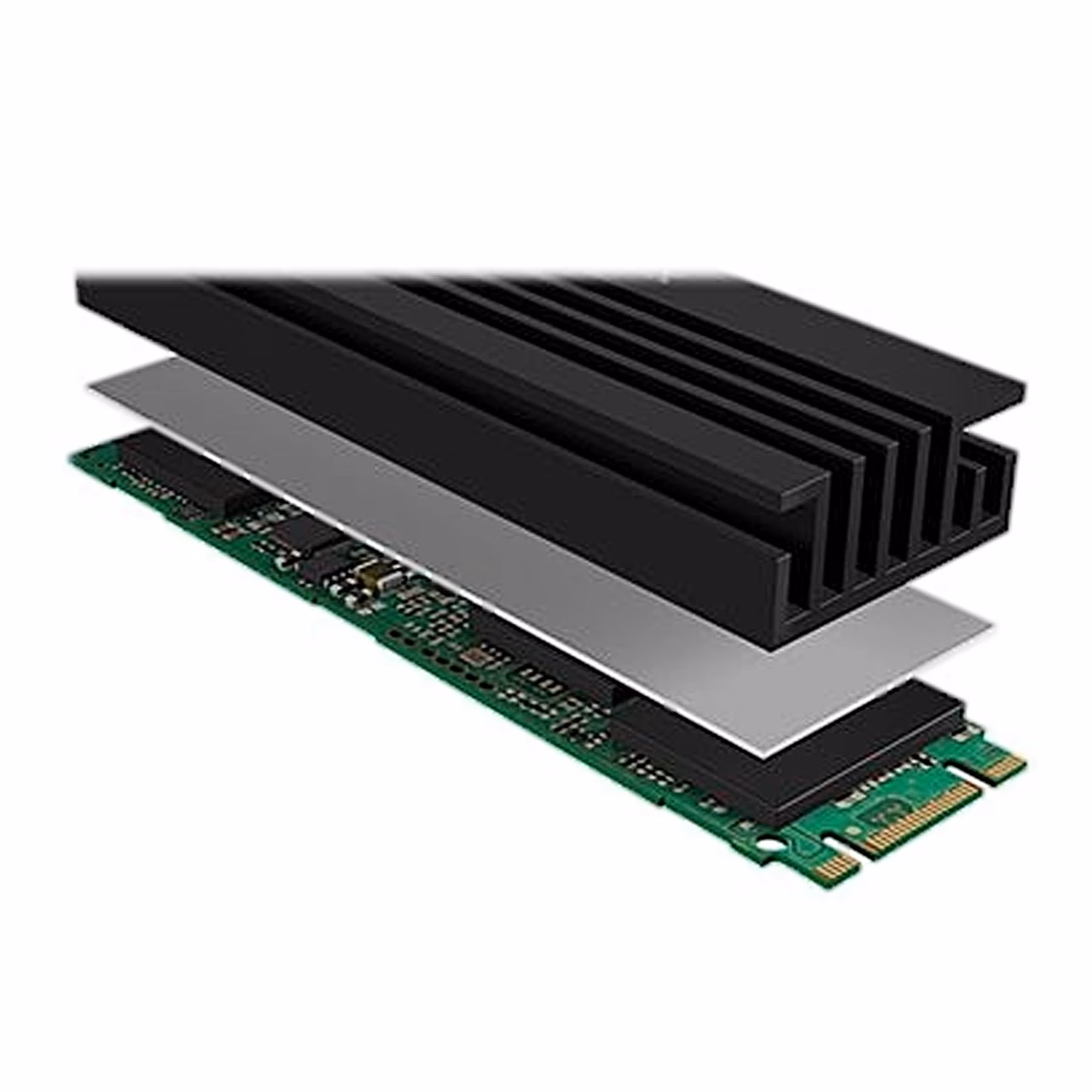 M.2 SSD jahuti IB-M2HS-70, termopadi ja SSD trükkplaat külgvaates