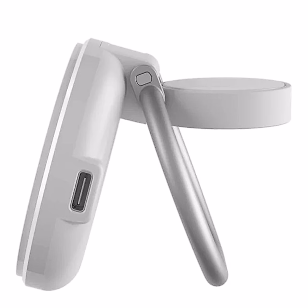 Hyper HyperJuice Qi2 2-in-1 küljelt, USB-C-port ja lahtipööratud jalg