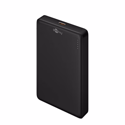 Must magnetiline akupank Goobay 70183, esikülg LED-tulede ja USB-C-pesaga