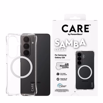 Läbipaistev telefoniümbris CARE Samba valge magnetrõngaga, telefon ja pakend