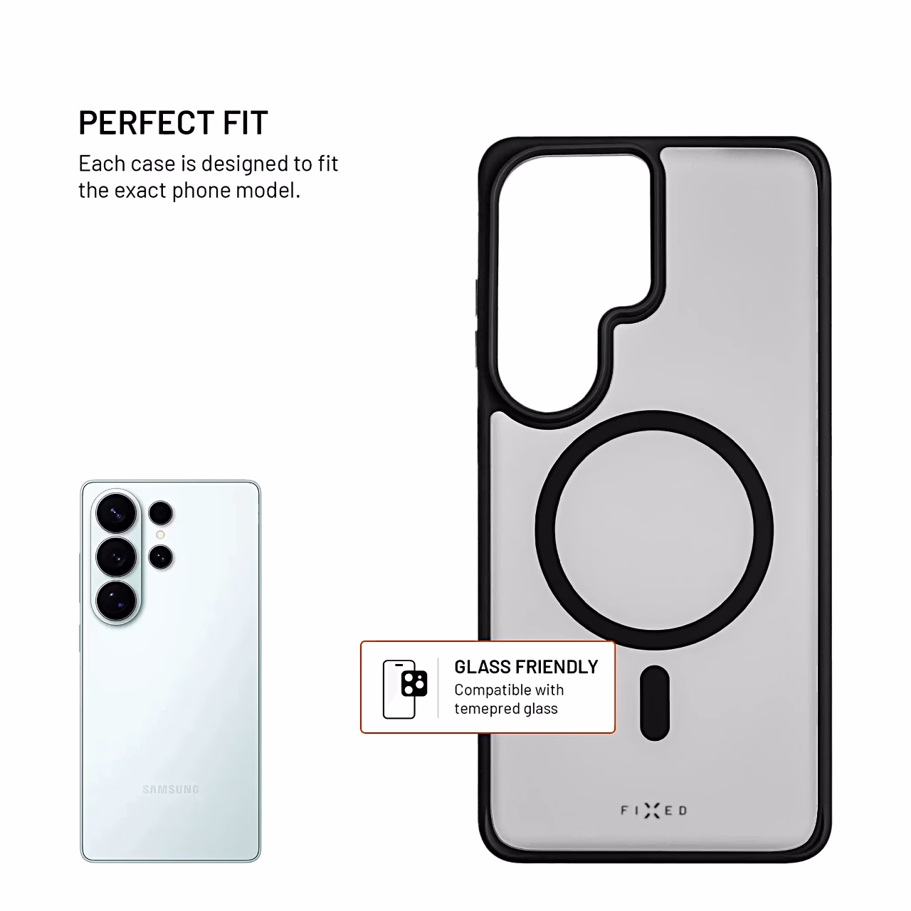 FIXED MagMisty telefoni ümbris ja Galaxy S26 Ultra, ingliskeelne tekst