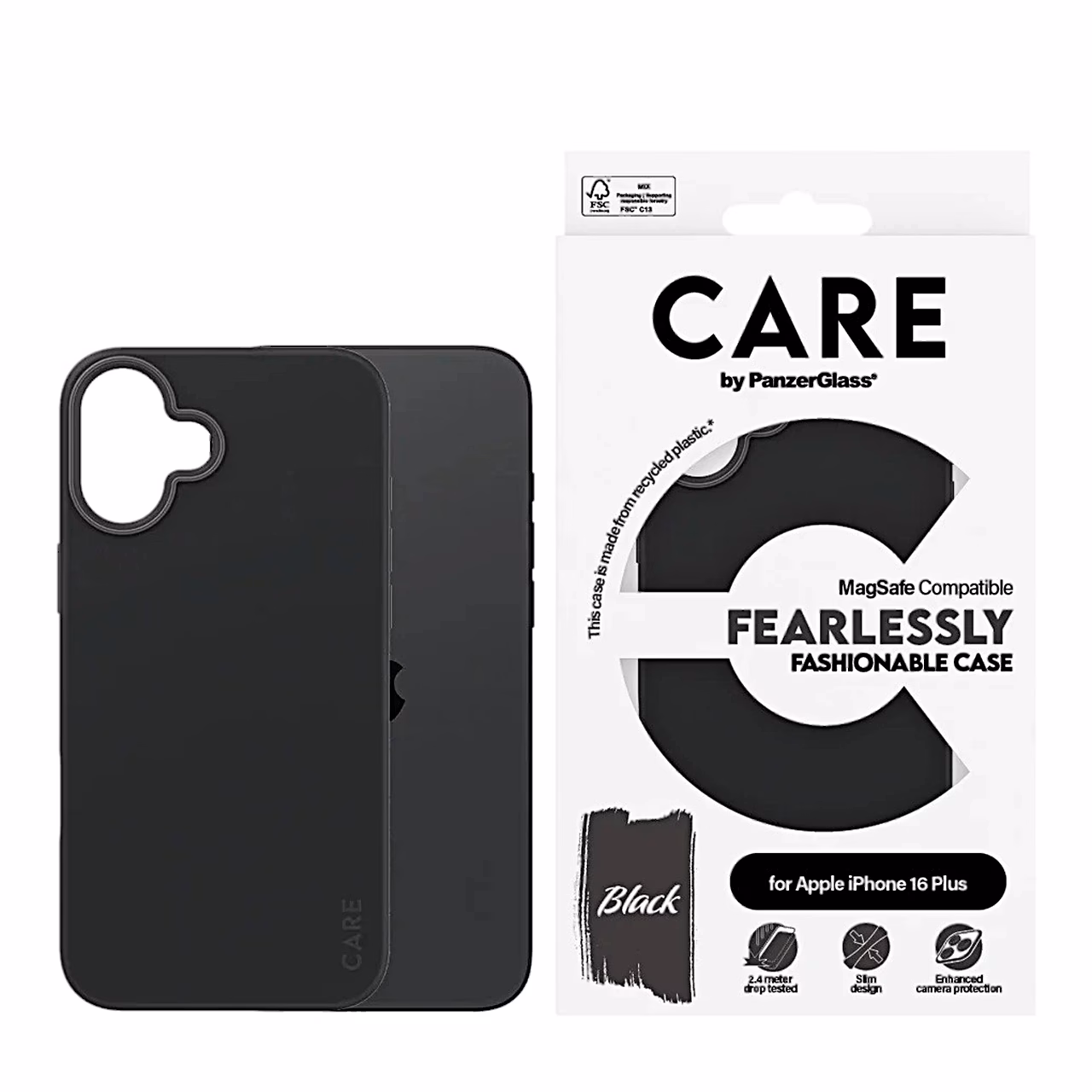 Must CARE Fashion telefoniümbris ja pakend iPhone 16 Plus märgisega