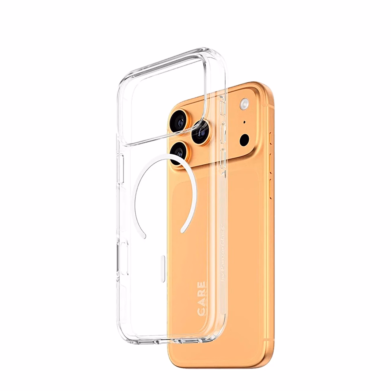 Läbipaistev telefoniümbris CARE Urban Explorer ja oranž iPhone 17 Pro Max, nurgavaade