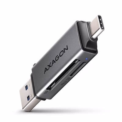 Mälukaardilugeja AXAGON CRE-DAC USB-C- ja USB-A-pistikuga, kaardipesad ja märgutuli