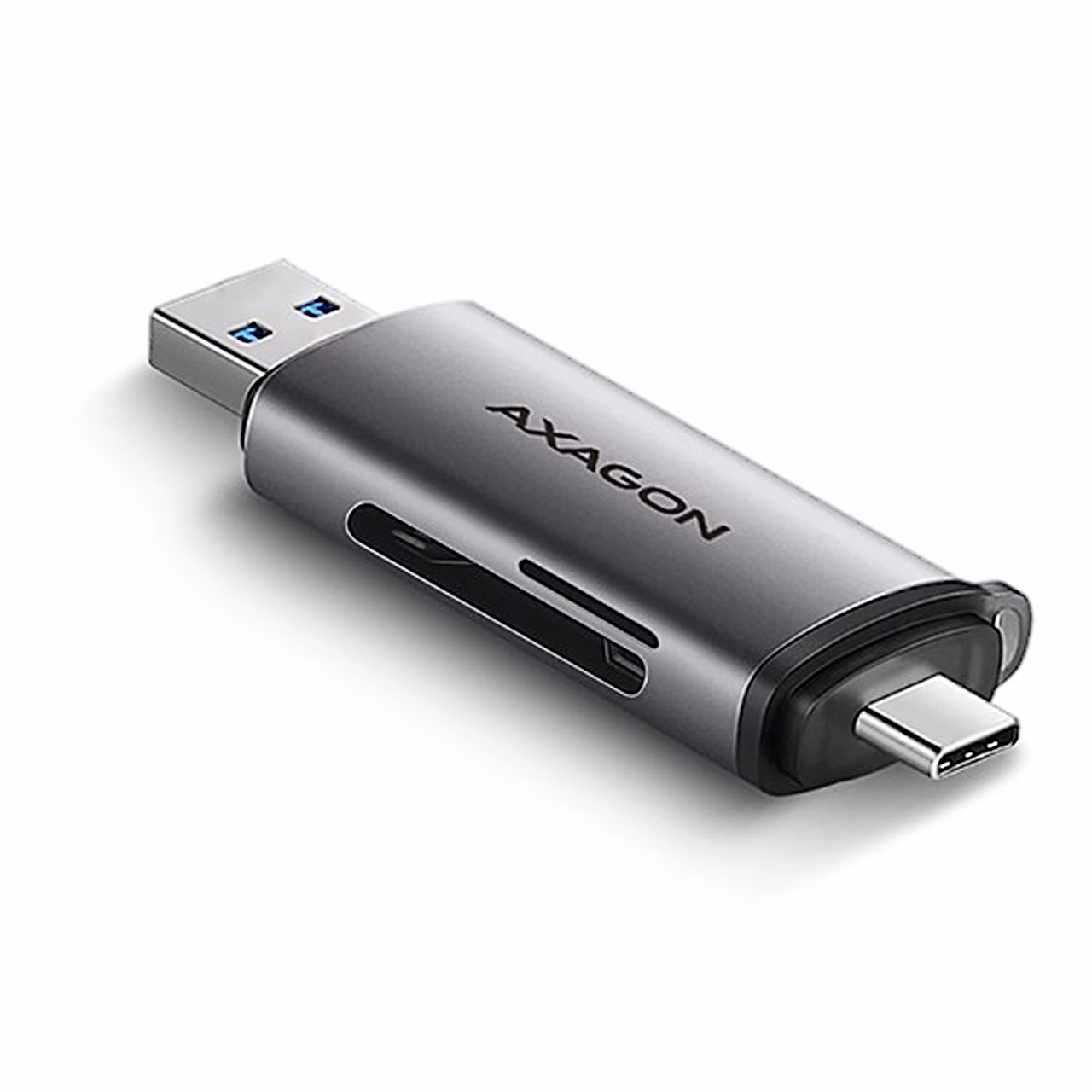Hall AXAGON CRE-SAC mälukaardilugeja USB-A- ja USB-C-pistikuga valgel taustal