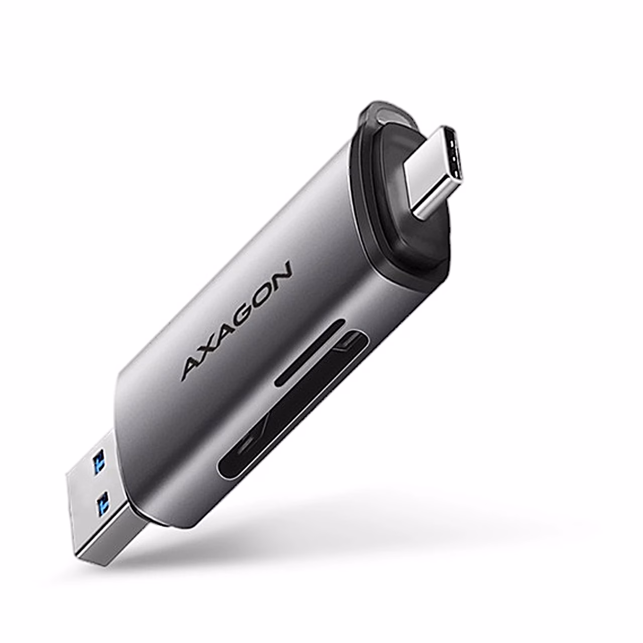 AXAGON CRE-SAC mälukaardilugeja kaldu, ülal USB-C-pistik ja küljel kaardipesad