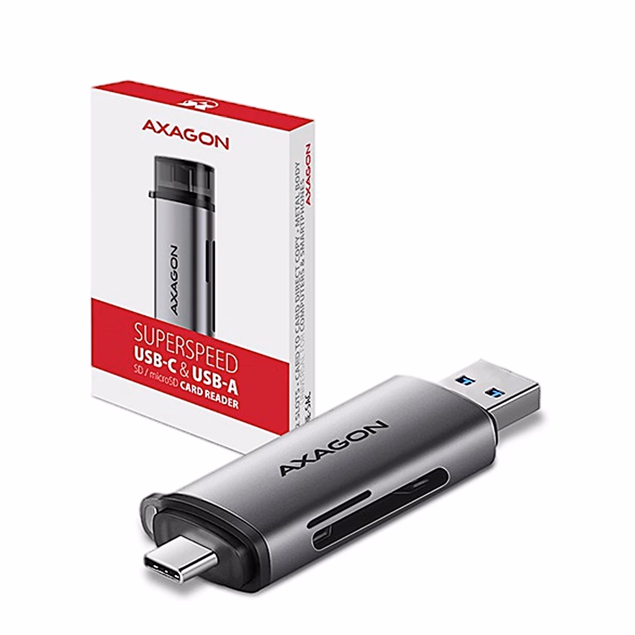 AXAGON CRE-SAC mälukaardilugeja koos oma müügikarbiga valgel taustal