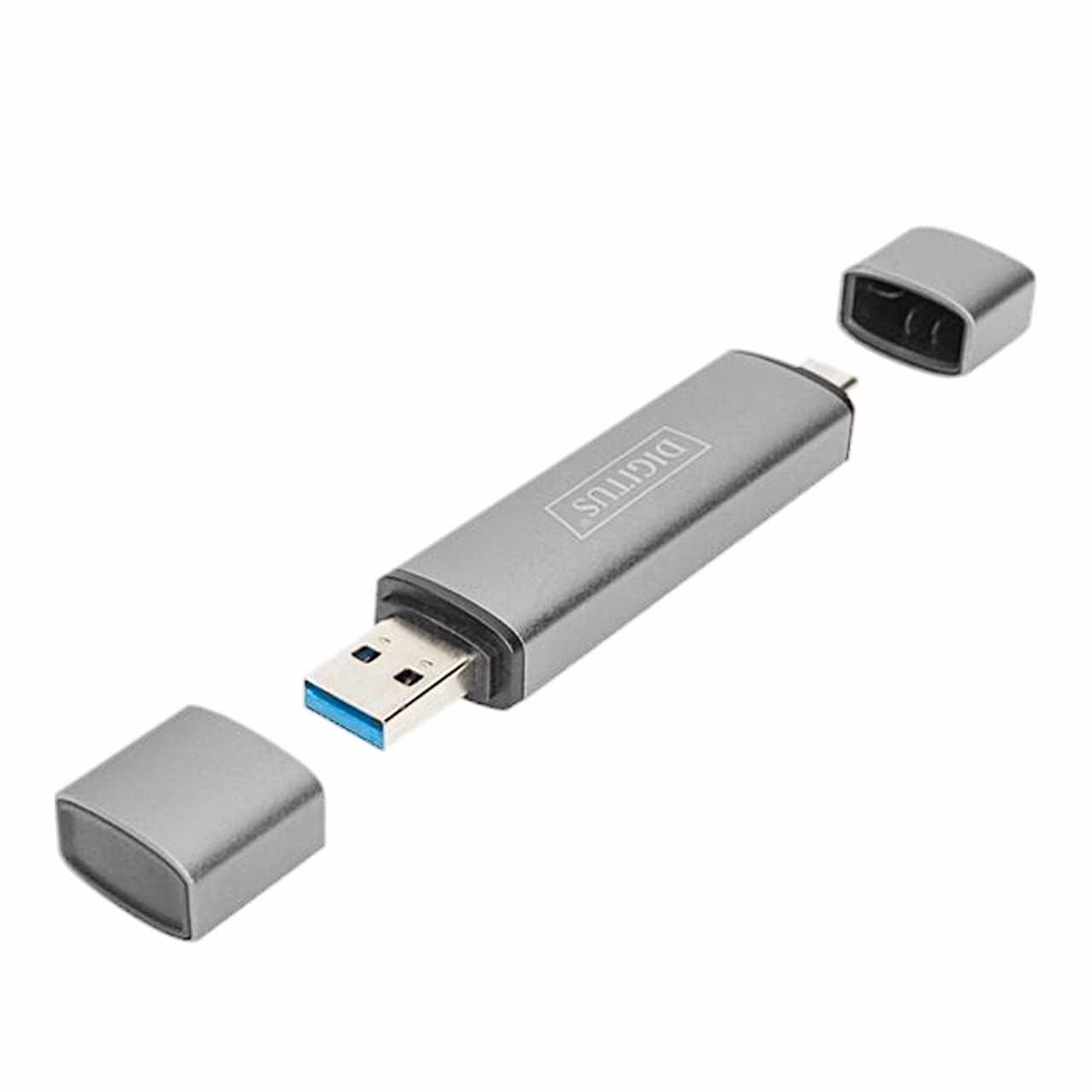 Hall mälukaardilugeja Digitus DA-70886 eemaldatud korkidega, nähtav USB-A pistik