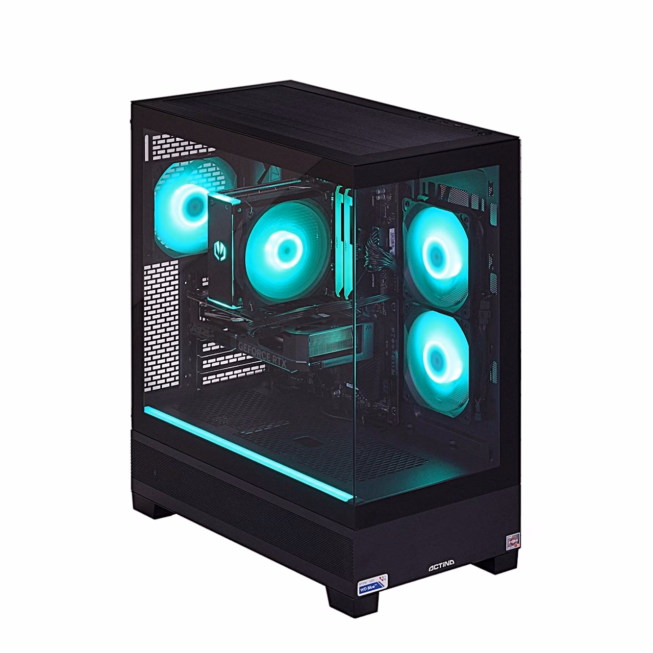 Mänguarvuti Actina ülevalt paremalt, RGB-valgustusega klaaskorpus