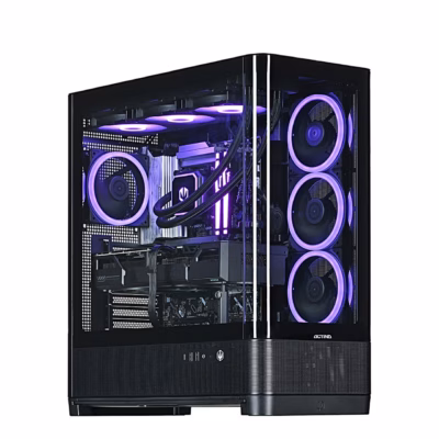 Mänguri lauaarvuti Actina klaaskorpus lillade RGB-ventilaatorite ja vesijahutusega