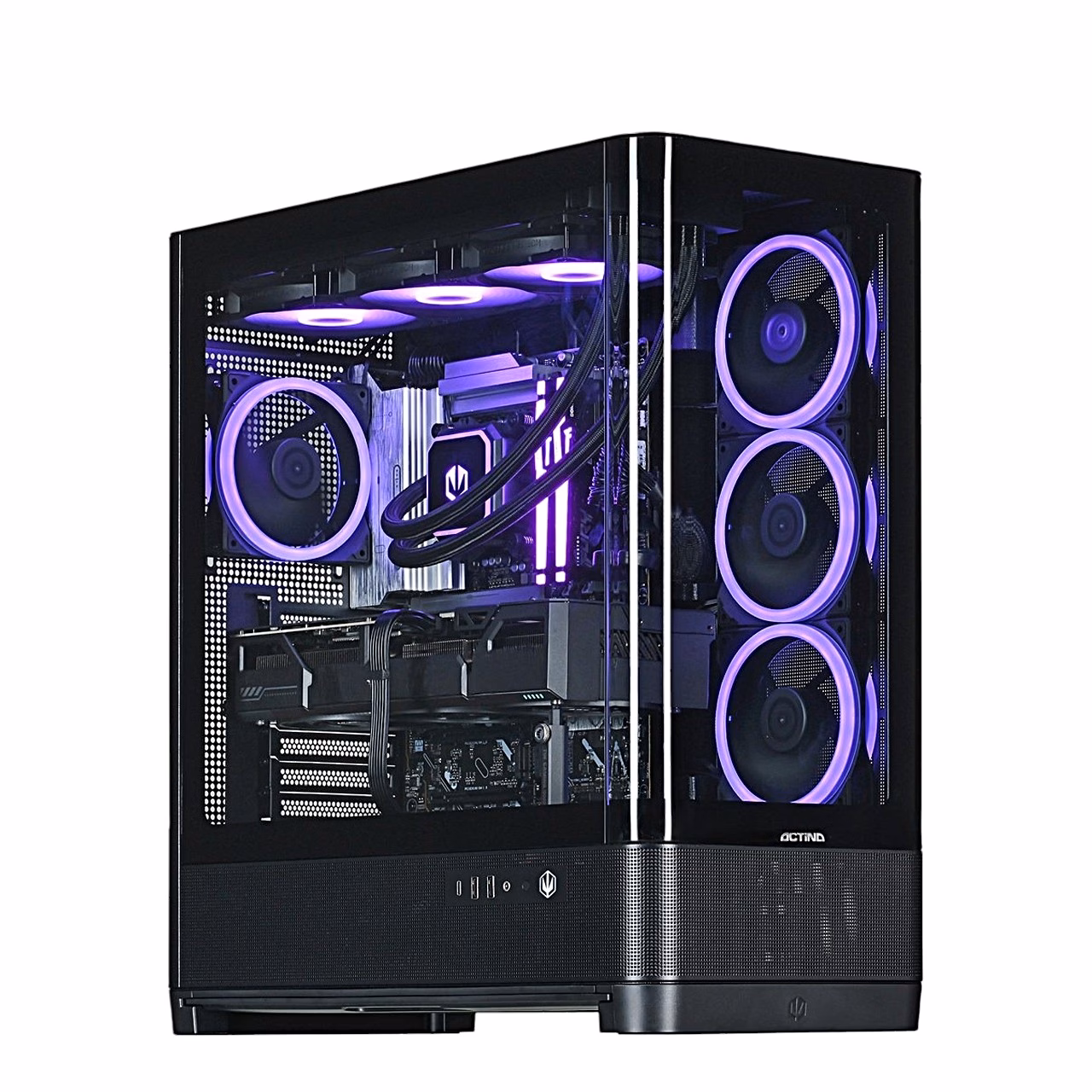 Mänguri lauaarvuti Actina klaaskorpus lillade RGB-ventilaatorite ja vesijahutusega