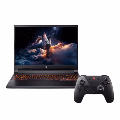 Must Acer Nitro V 16 AI sülearvuti eestvaates, kõrval mängupult