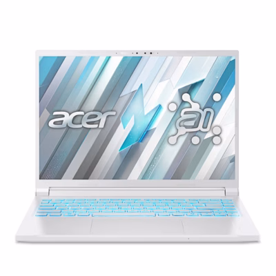 Valge mänguri sülearvuti Acer Nitro V14 avatud ekraaniga eestvaates