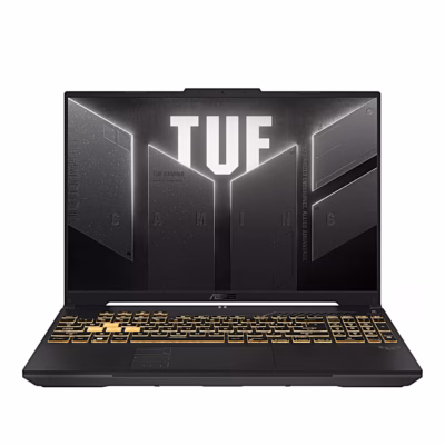 Avatud mänguri sülearvuti ASUS TUF Gaming F16 eestvaates, ekraanil TUF-logo