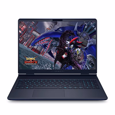 Dell Alienware 16X Aurora sülearvuti eestvaates, ekraan avatud ja klaviatuuri taustvalgus sees
