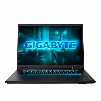 Mänguri sülearvuti GIGABYTE A16 Gaming CTH eestvaates, avatud ekraan ja klaviatuur