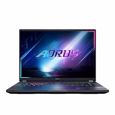 Mänguri sülearvuti GIGABYTE AORUS Elite BWH eestvaates, ekraan ja taustvalgusega klaviatuur