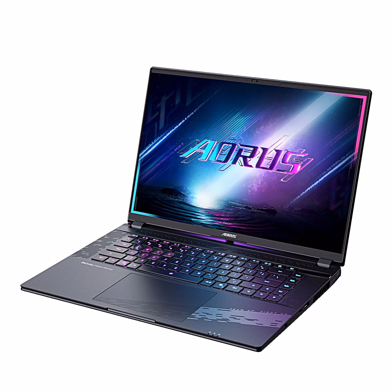 Avatud GIGABYTE AORUS Elite BWH vasakult nurgast, ekraan ja lillad klahvid