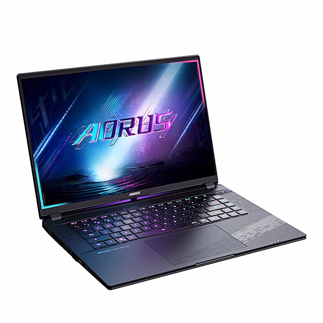 Avatud GIGABYTE AORUS Elite BWH paremalt nurgast, klaviatuur ja ekraan