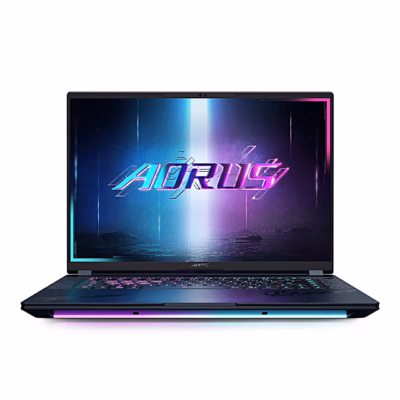 Mänguri sülearvuti Gigabyte AORUS MASTER 16 avatult eestvaates, valgusriba esiserval