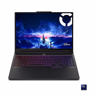 Avatud mänguri sülearvuti Lenovo Legion Pro 7 16IAX10H otse eest, punane klaviatuurivalgus