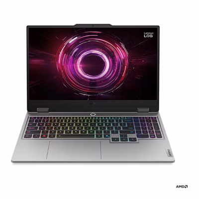 Mänguri sülearvuti Lenovo LOQ 15AHP10 avatuna eestvaates, värvilise taustvalgusega klaviatuur