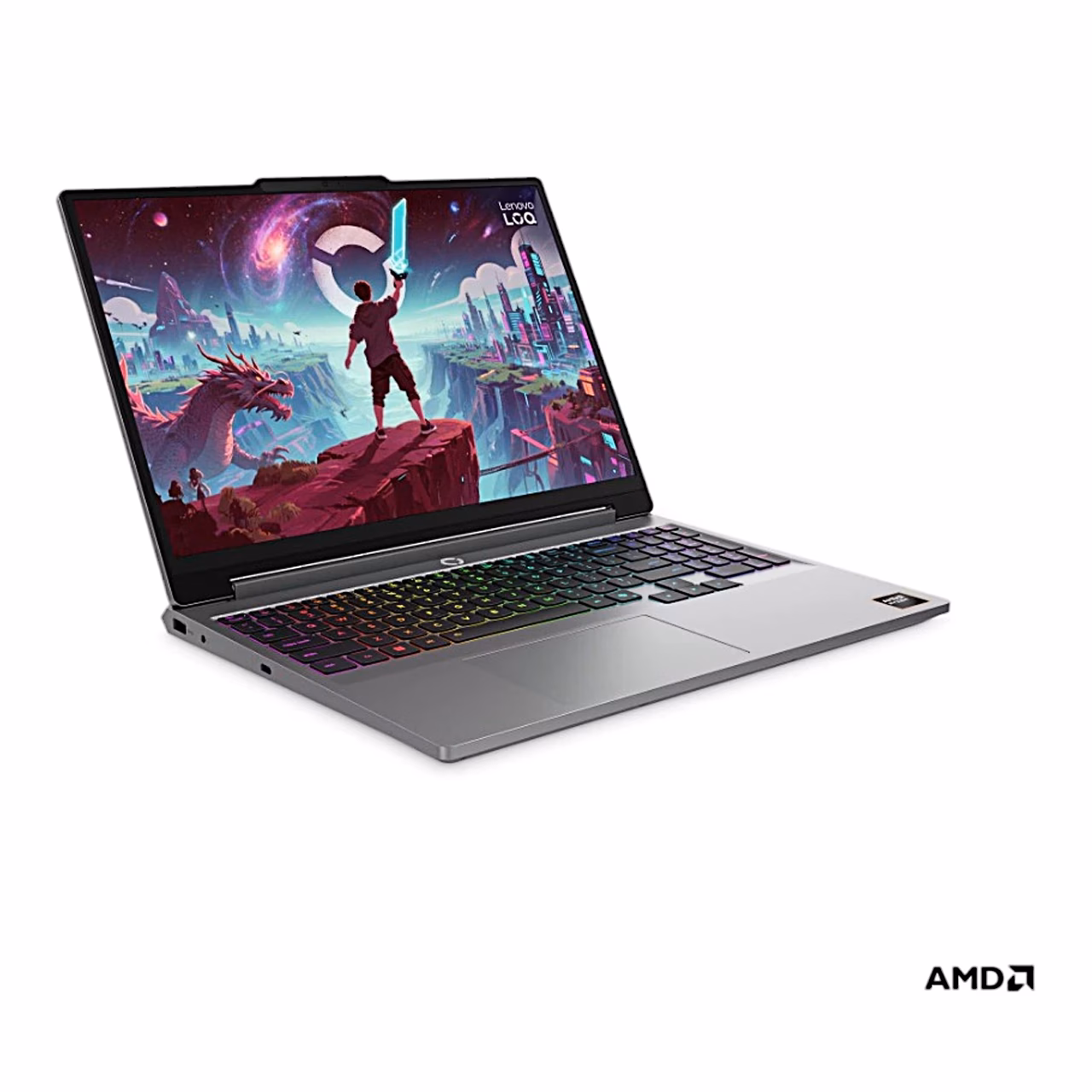 Sülearvuti Lenovo LOQ 15AHP11 avatuna, vaade vasakult nurga alt
