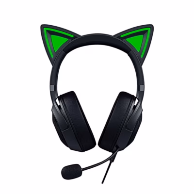 Must mänguri peakomplekt Razer Kraken Kitty V2 roheliselt helendavate kassikõrvadega eestvaates