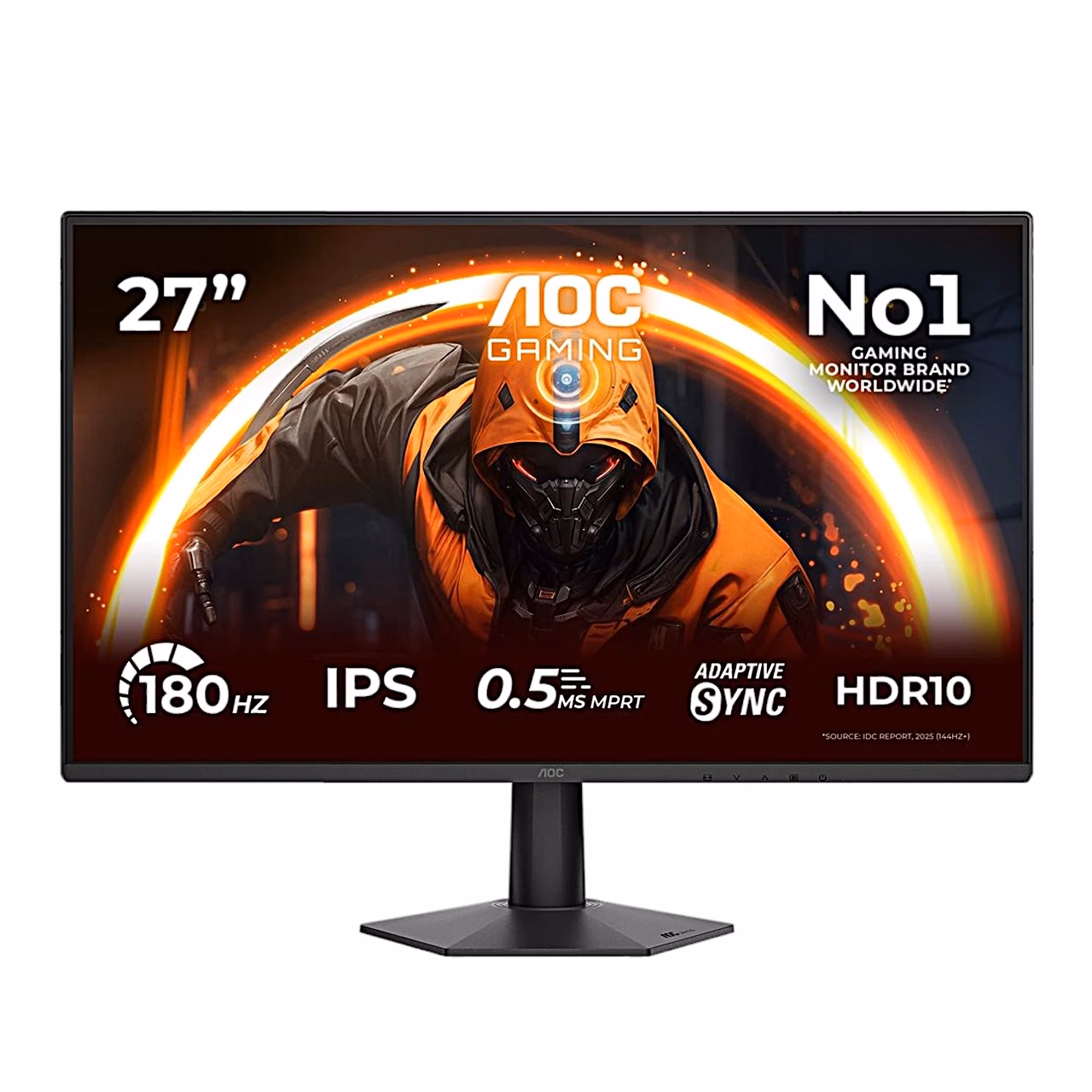 Mängurimonitor AOC 27G50F eestvaates, ekraanil 180 Hz, IPS ja HDR10 tähised