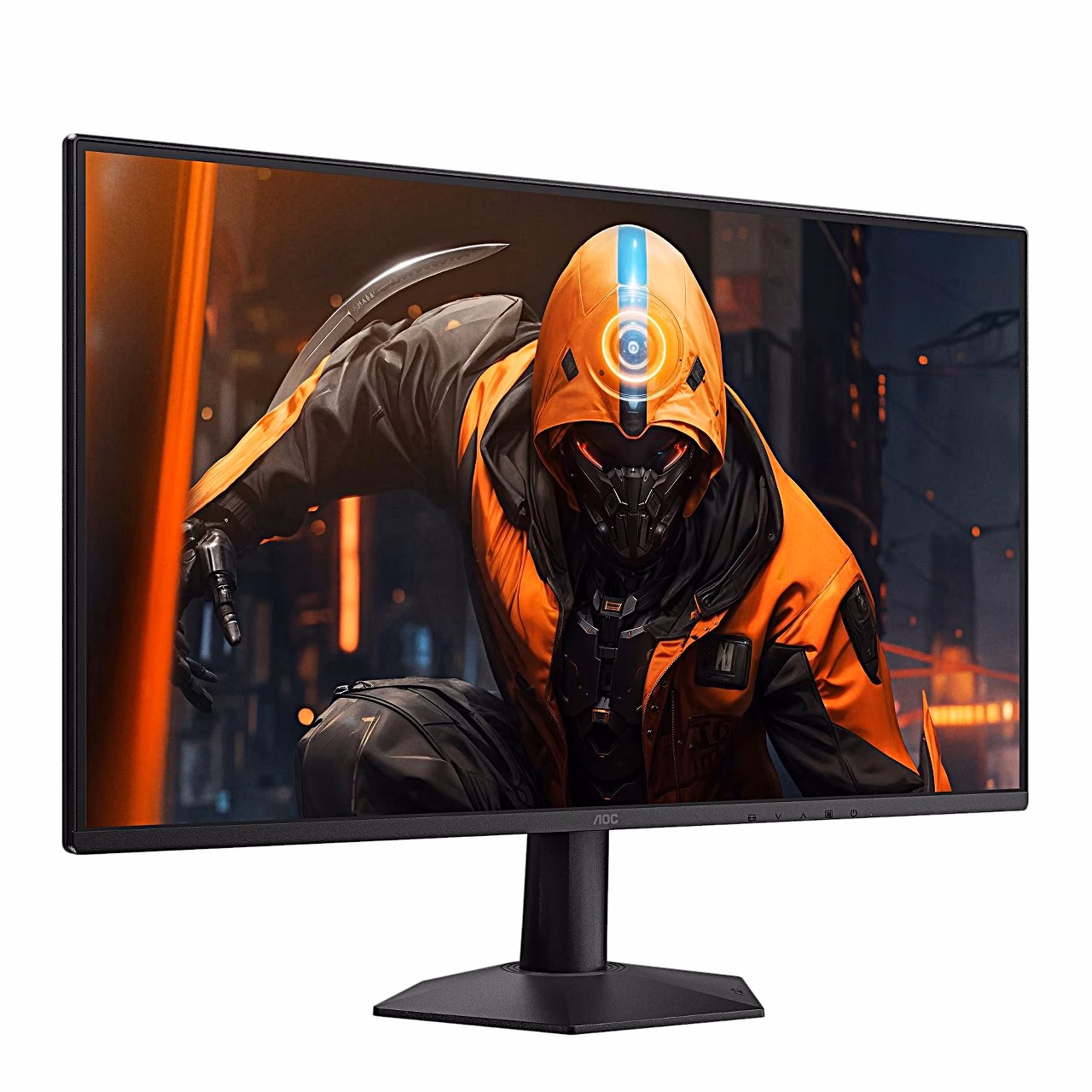 AOC 27G50F vasakult poolt eestvaates, jalg ekraani keskel all